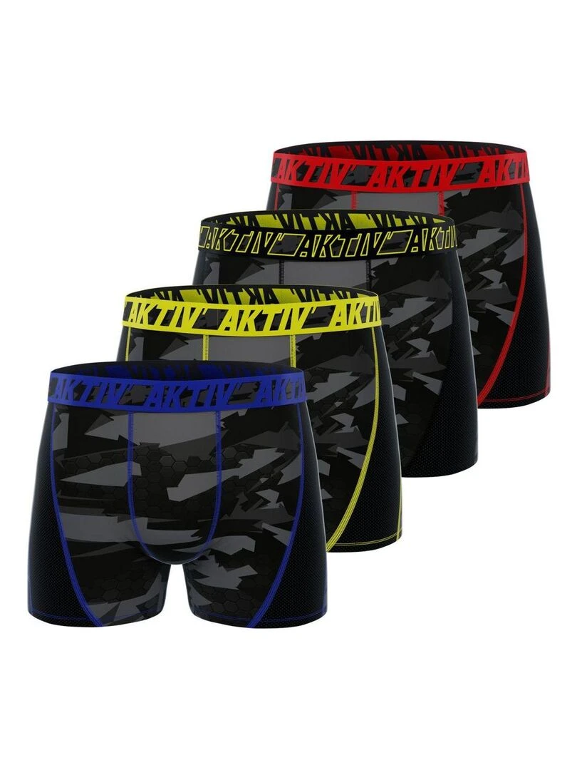 Lot de 4 Boxers homme Aktiv Sport Fluo surpiqûres colorées Freegun Noir