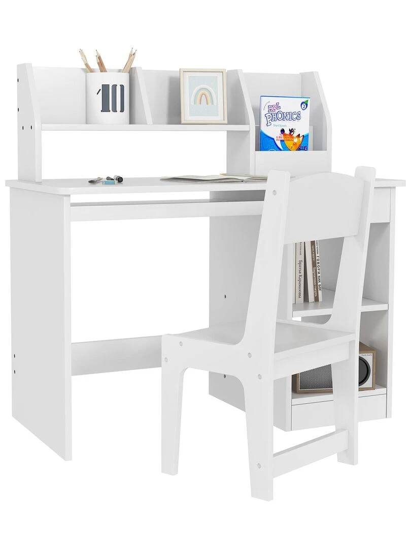 Bureau enfant multi rangement ensemble bureau chaise étagère blanc Blanc