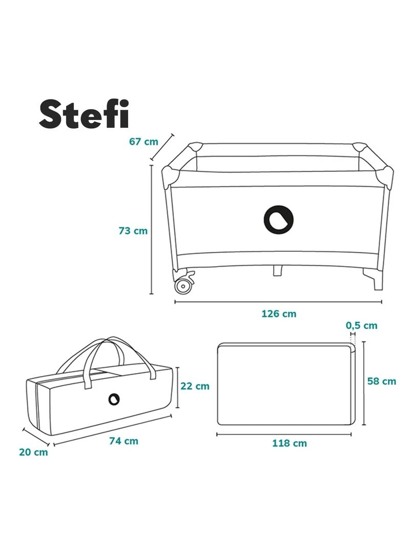 LIONELO Stefi   Lit parapluie bébé compact 2en1   125 x 65 cm   Roulettes    0 36 mois   Avec de sac   Gris