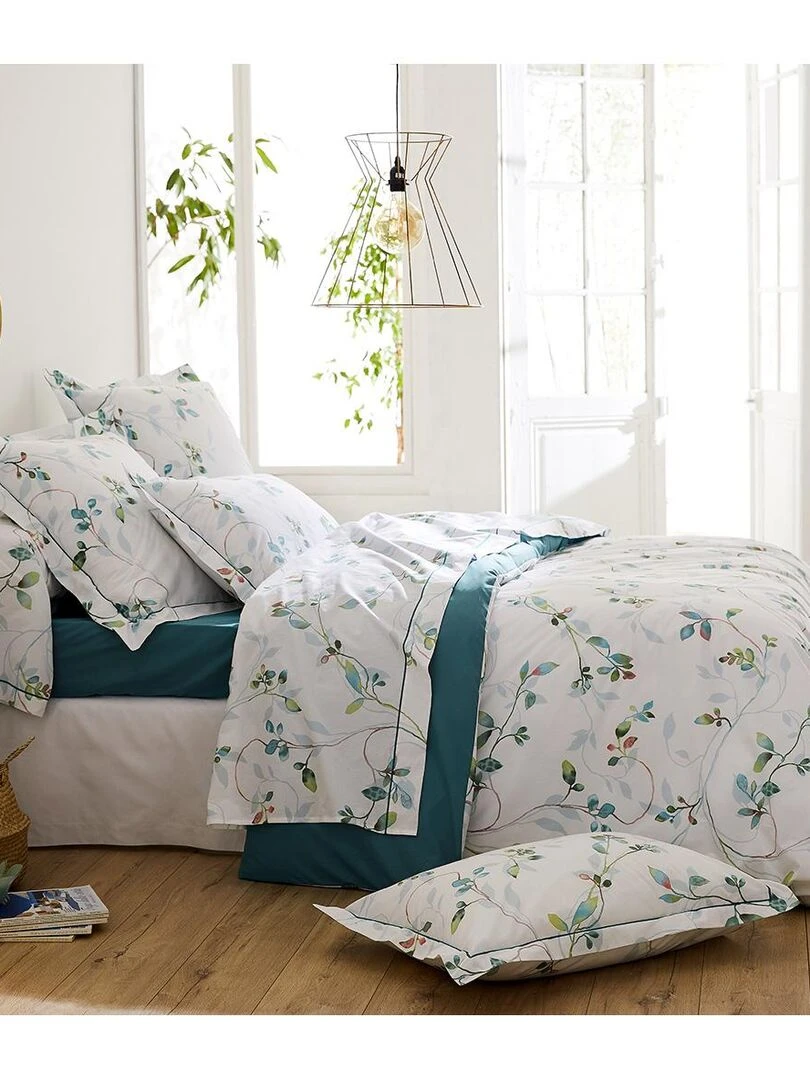 Ensemble drap plat et 2 taies imprimé fleurs Blanc