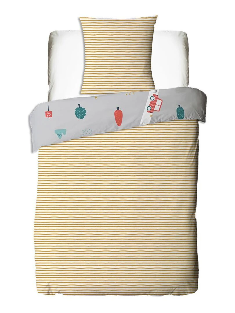 Future Home   Parure de lit enfant en coton 57 fils imprimé gris et curry   Gris