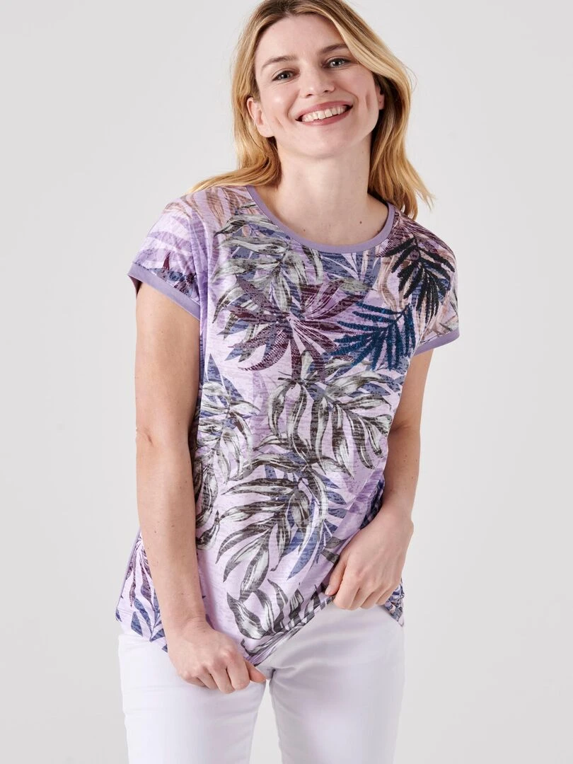 Tee shirt uni et imprimé à sequins Damart Violet
