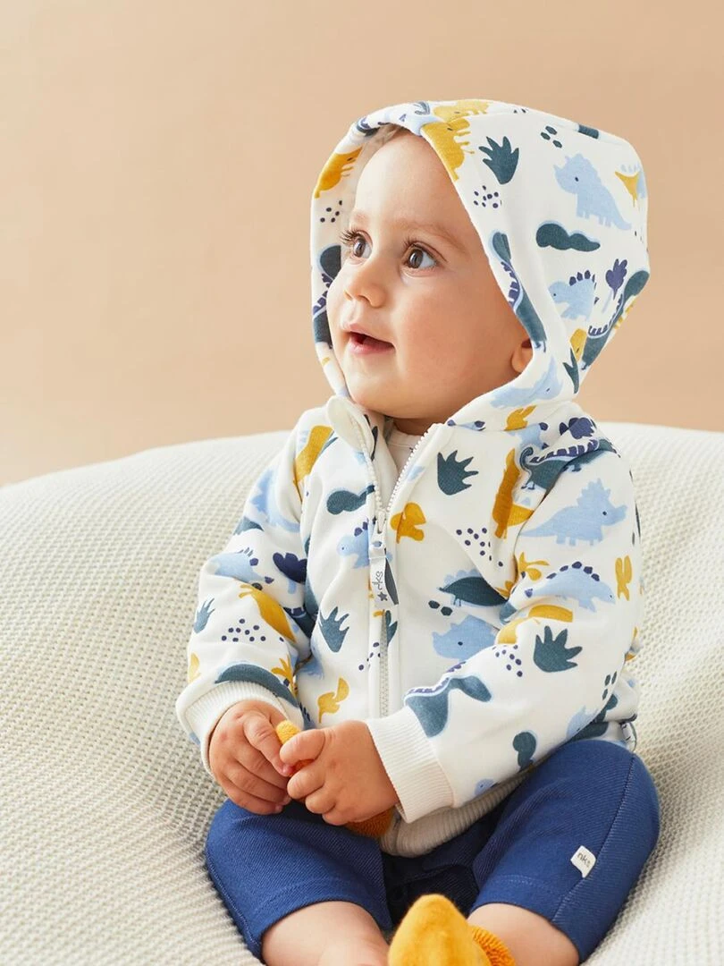 Sweat à capuche imprimés dinosaures écru/bleu Noukie's Vert