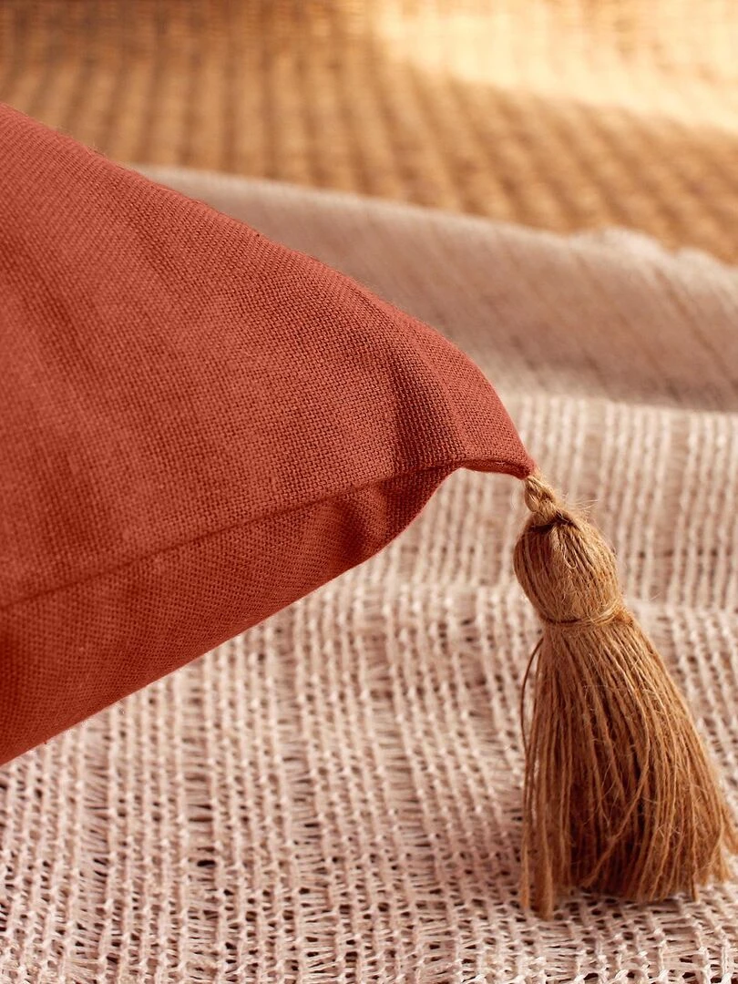 Coussin avec pompons en jute Rouge brique