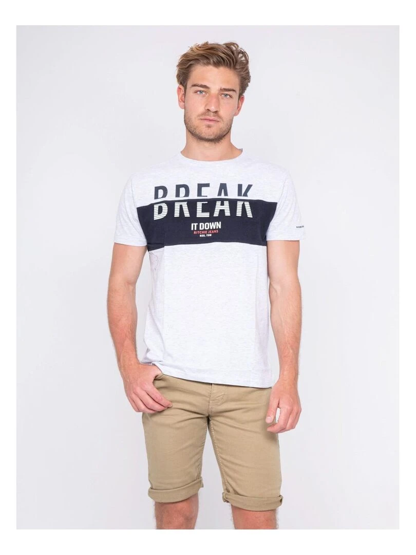 T shirt col rond pur coton motifs relief NOLIBERT Gris