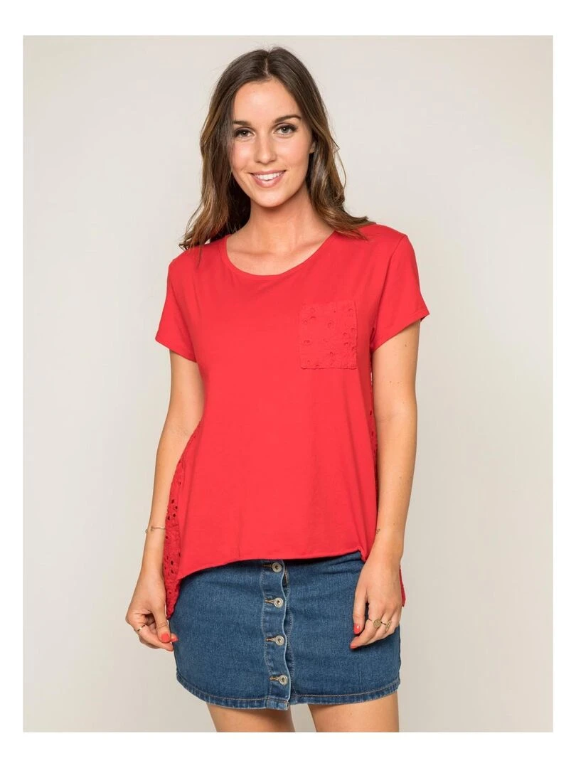 T shirt col rond broderies anglaises FOCACIA Rouge