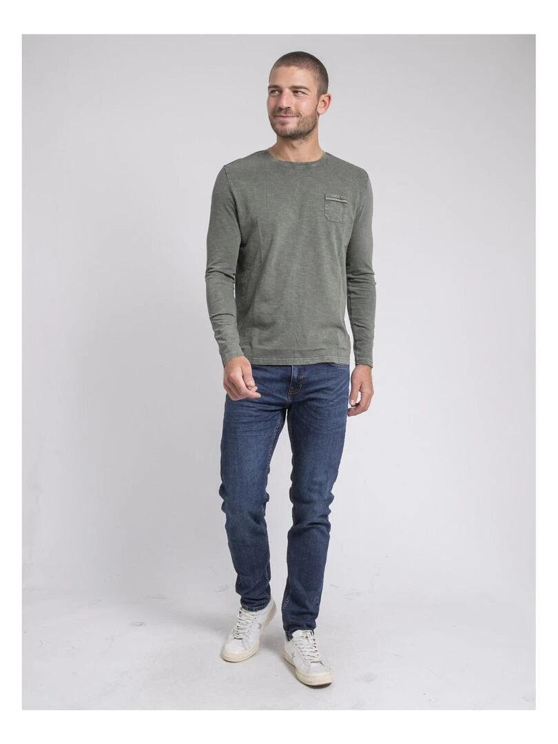 T shirt manches longues col rond pur coton JABITAL   Kaki