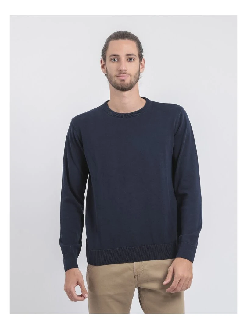 Pull col rond pur coton LADARKO Bleu marine