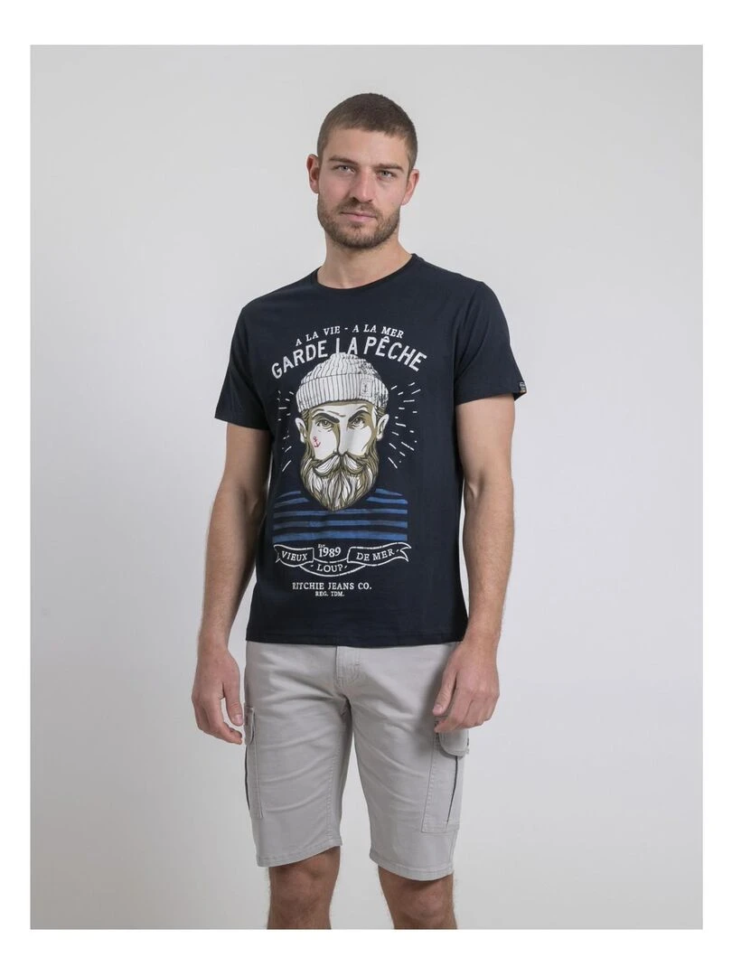 T shirt col rond pur coton NOULANDY Bleu marine