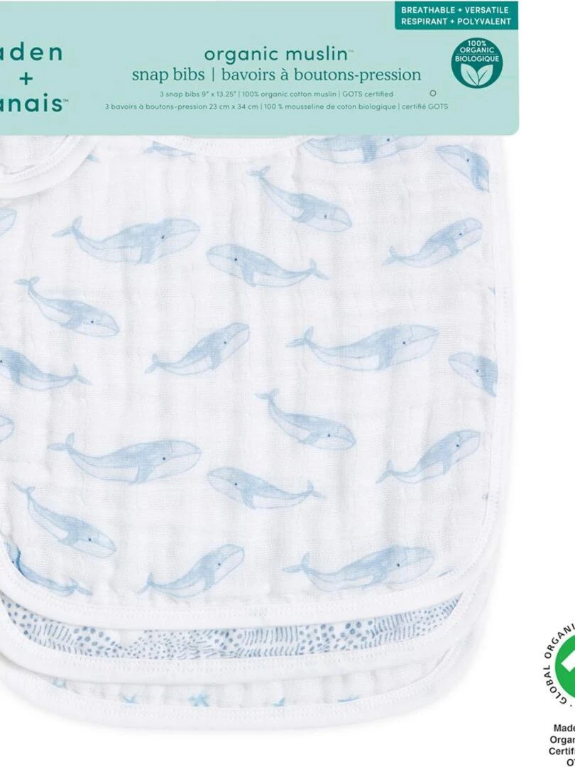 Lot de 3 bavoirs à pression en coton bio oceanic Bleu