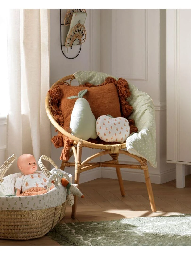 Couffin bébé en fibres naturelles avec habillage tissu   SAUTHON   Blanc Vert