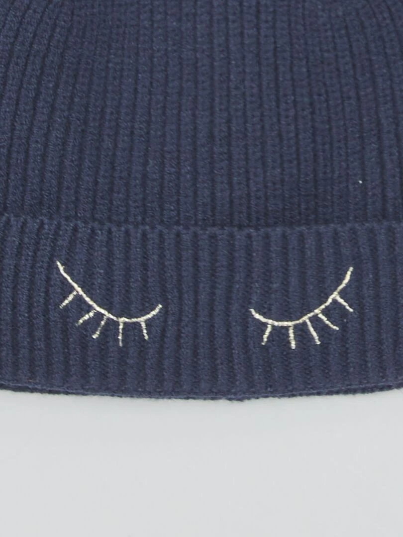 Bonnet en maille à pompons Bleu foncé