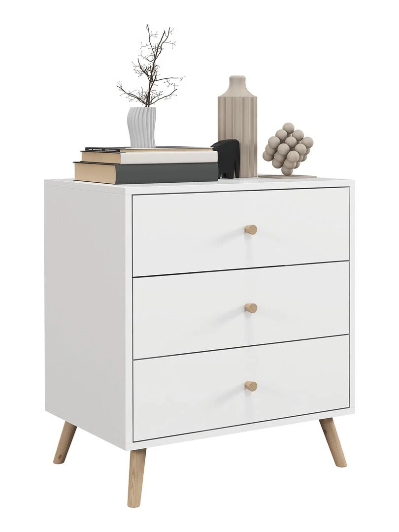 Commode 3 tiroirs design scandinave bois pin MDF blanc Blanc