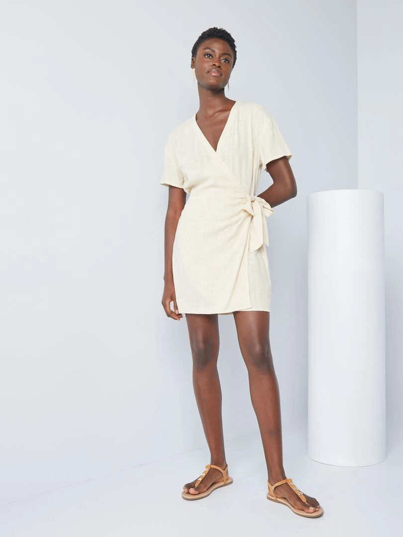 Robe courte wrap en lin mélangé Beige