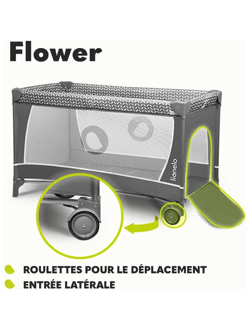 LIONELO Flower   Lit parapluie bébé 2en1   0 36 mois   Sac de Transport   Pliage Rapide   Roulettes   Gris