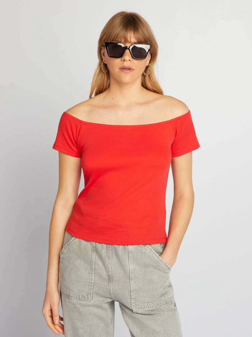 T shirt bardot en maille cotelée   rouge