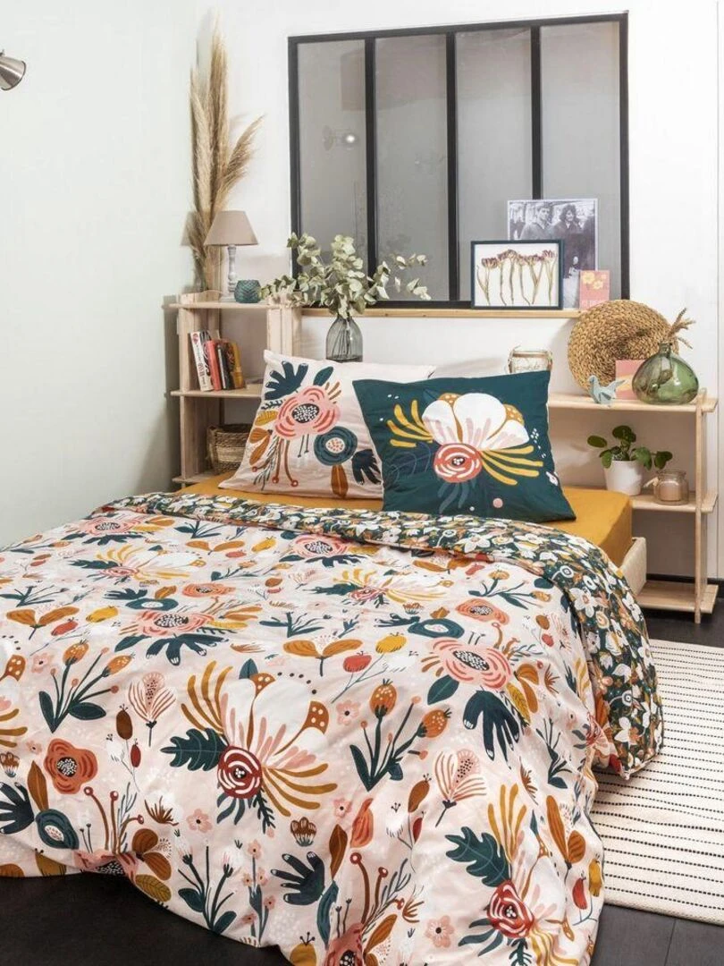 Parure de lit housse de couette avec taie d'oreiller 100% Coton 57 fils Champetre   Multicolore