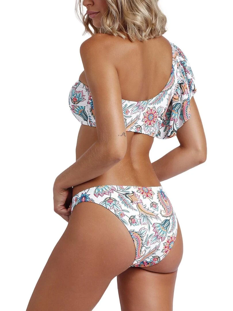 Ensemble deux pièces bikini asymétrique à volants White Paisley Blanc