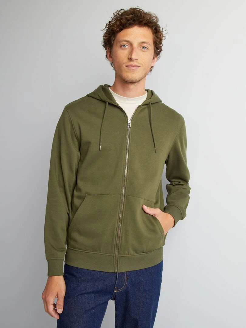 Sweat zippé à capuche en molleton uni Kaki