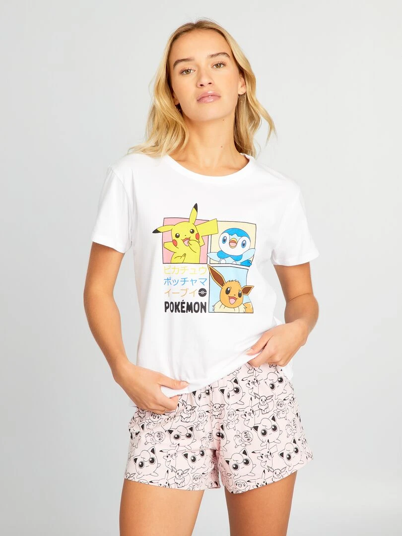Pyjama court imprimé 'Pokémon' 2 pièces blanc/rose