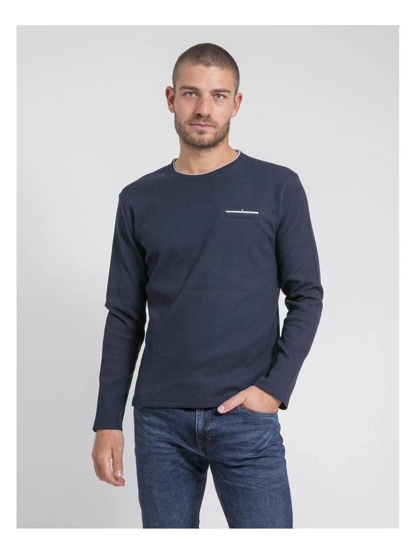 T shirt manches longues col rond texturé JOVICTOR Bleu marine