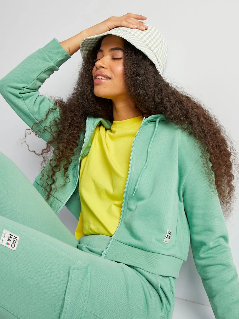 Sweat zippé à capuche uni Vert