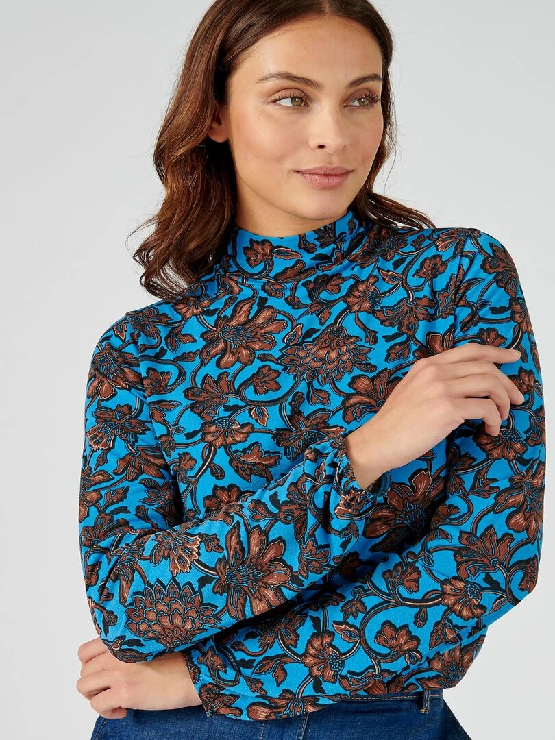 Tee shirt col montant imprimé manches longues Damart Bleu