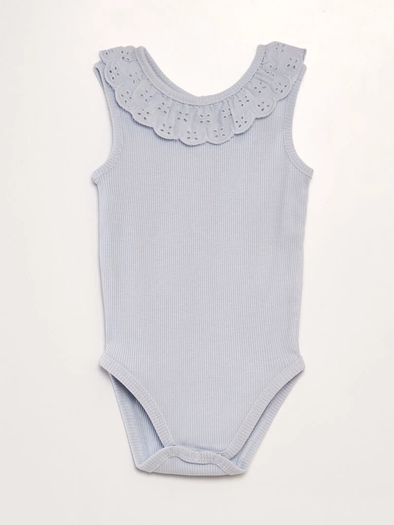 Body côtelé à col brodé Bleu