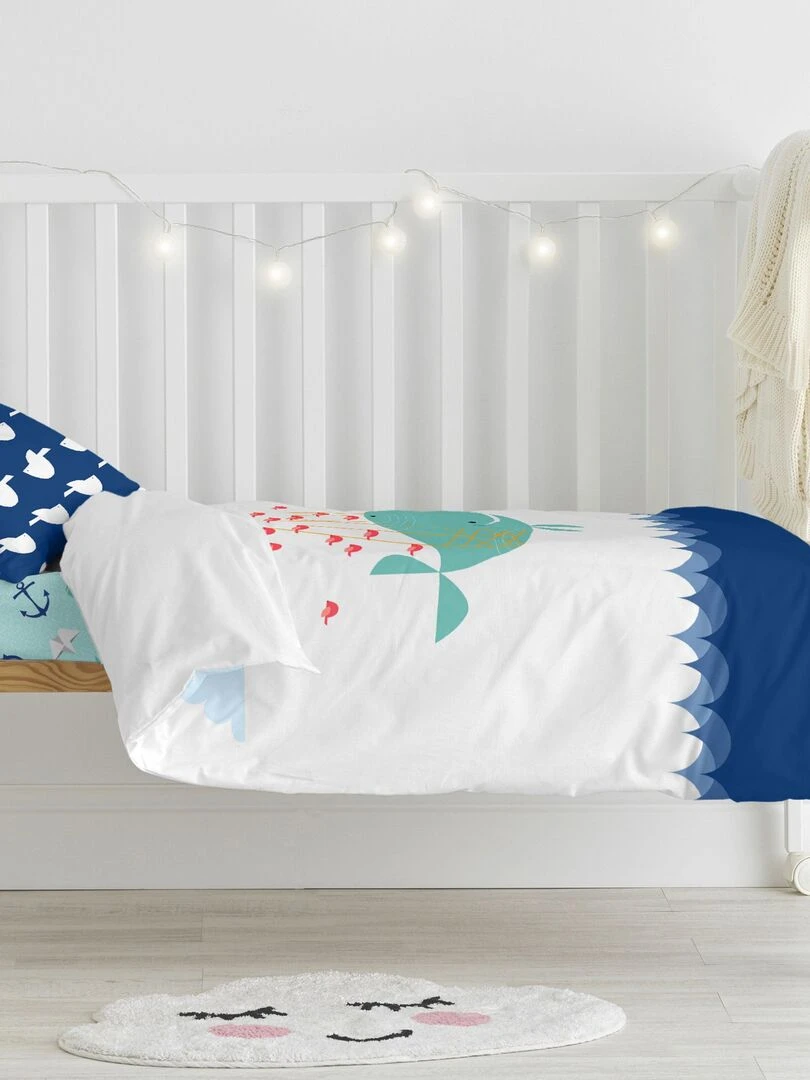 Parure housse de couette 2 pièces Whale Lit Bébé "Happyfriday"   Bleu