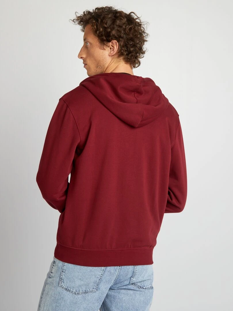 Sweat zippé à capuche en molleton uni   Bordeaux