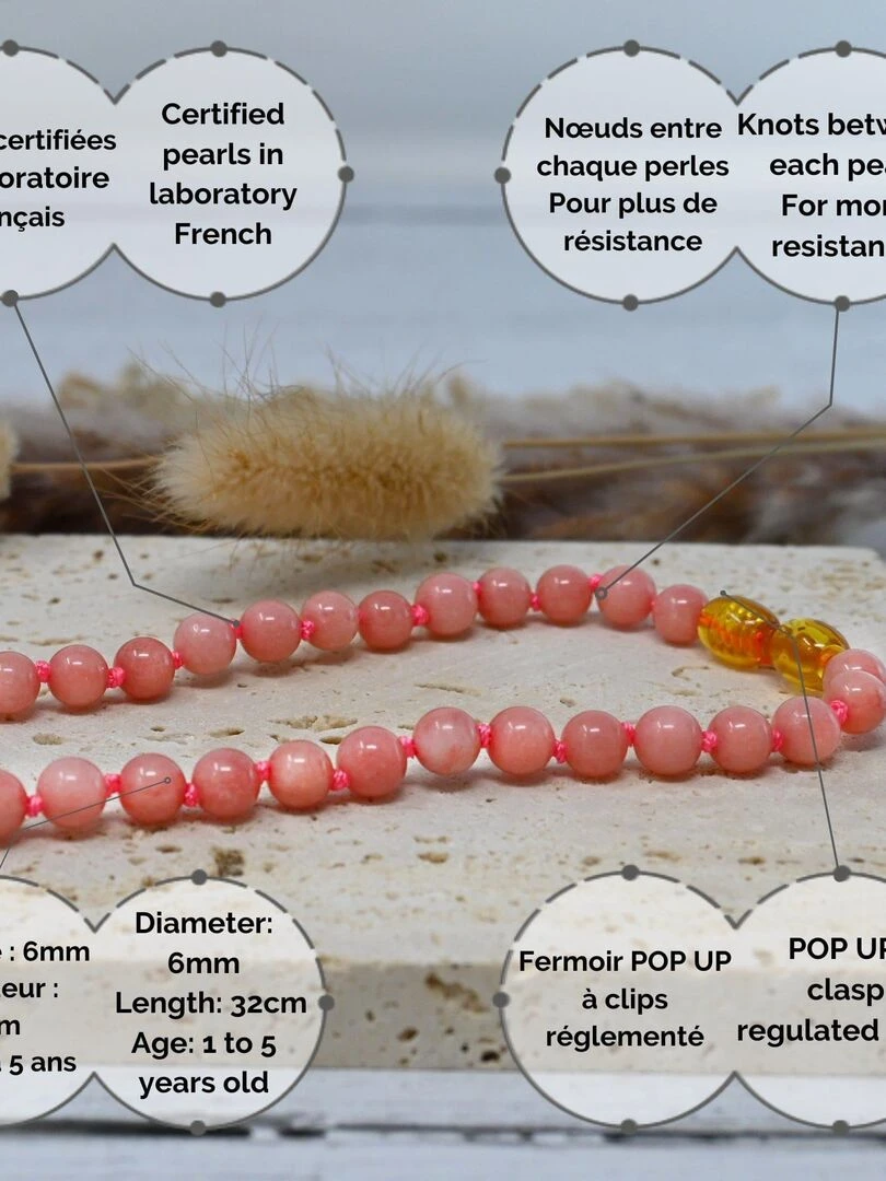 Collier Bébé   Pierres naturelles : Quartz Rose   Rose