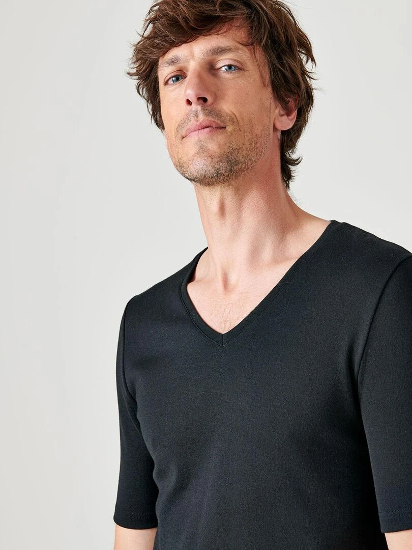 T shirt col V manches courtes maille classique Thermolactyl Damart Noir