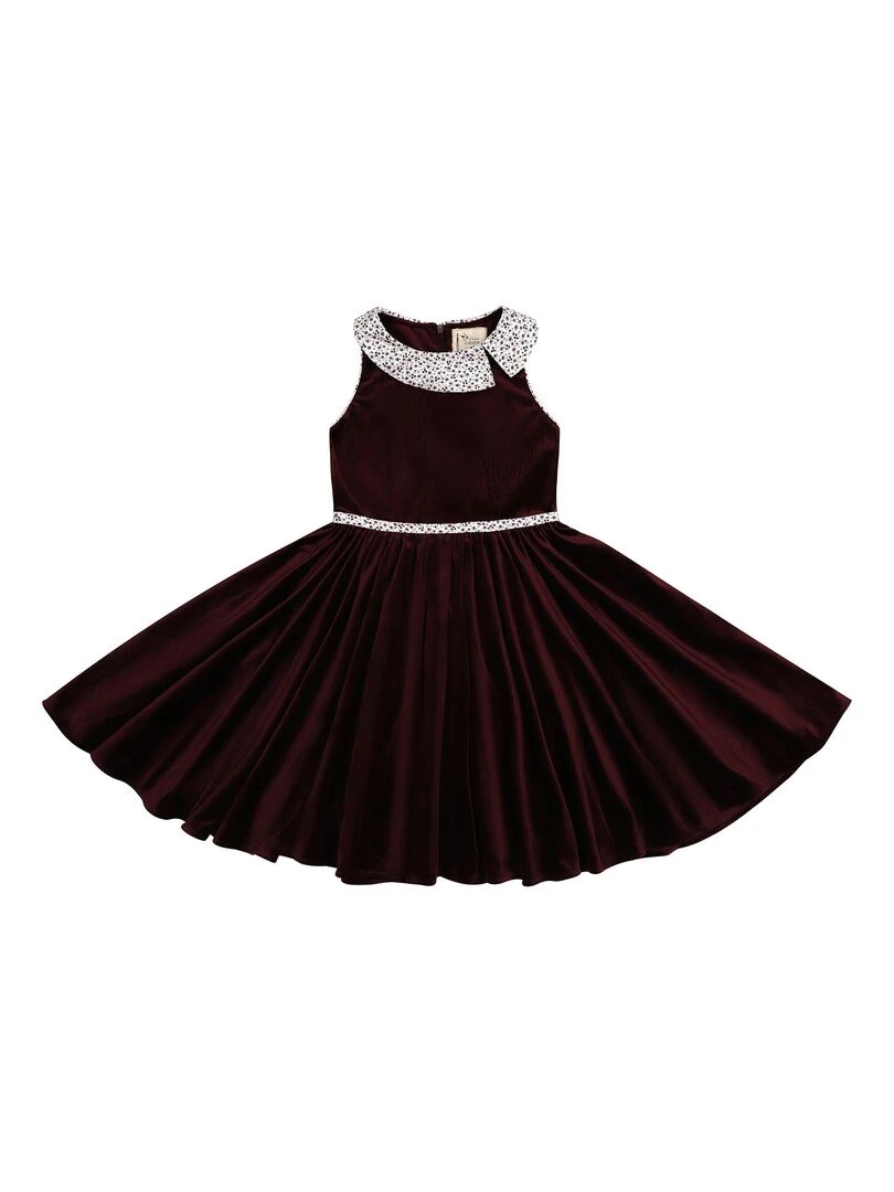 Robe Qui Tourne Fille  Velours Bdx  Col Fleuri  HEPBURN   'LA FAUTE A VOLTAIRE'   Rouge