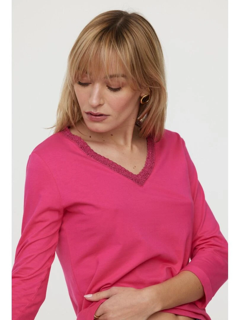 Lee Cooper   T Shirt manches longues coton regular ASHIA   Rose fushia