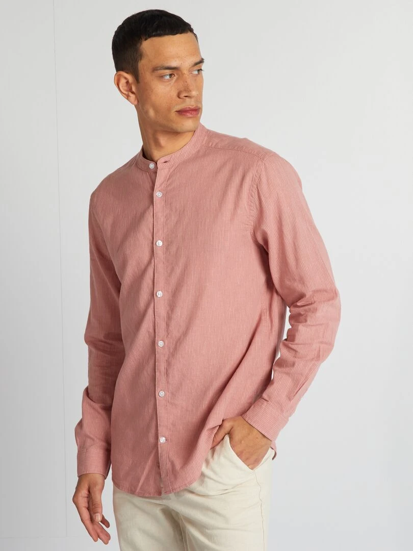 Chemise à col mao en lin mélangé   Rouge clair