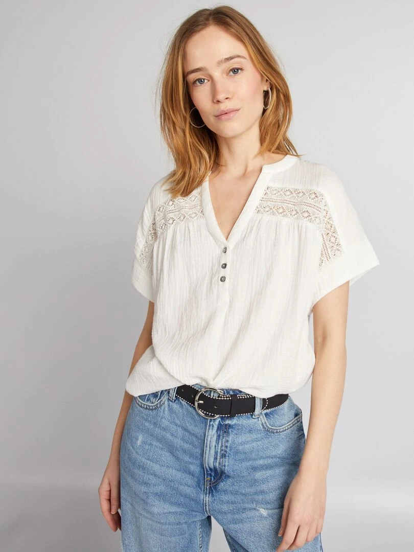 Blouse à manches courtes en gaze de coton blanc