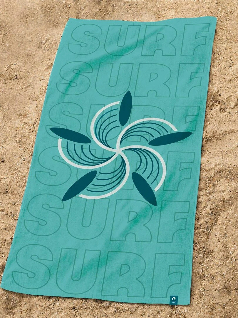 Drap de plage imprimé 100% coton PARIS 2024 JEUX OLYMPIQUES SURF Bleu