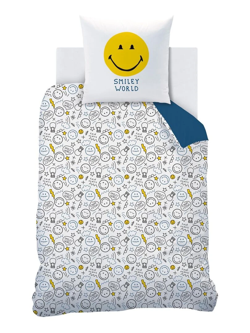 Parure de lit imprimée 100% coton  SMILEY WORLD SCRIBBLE   Bleu marine