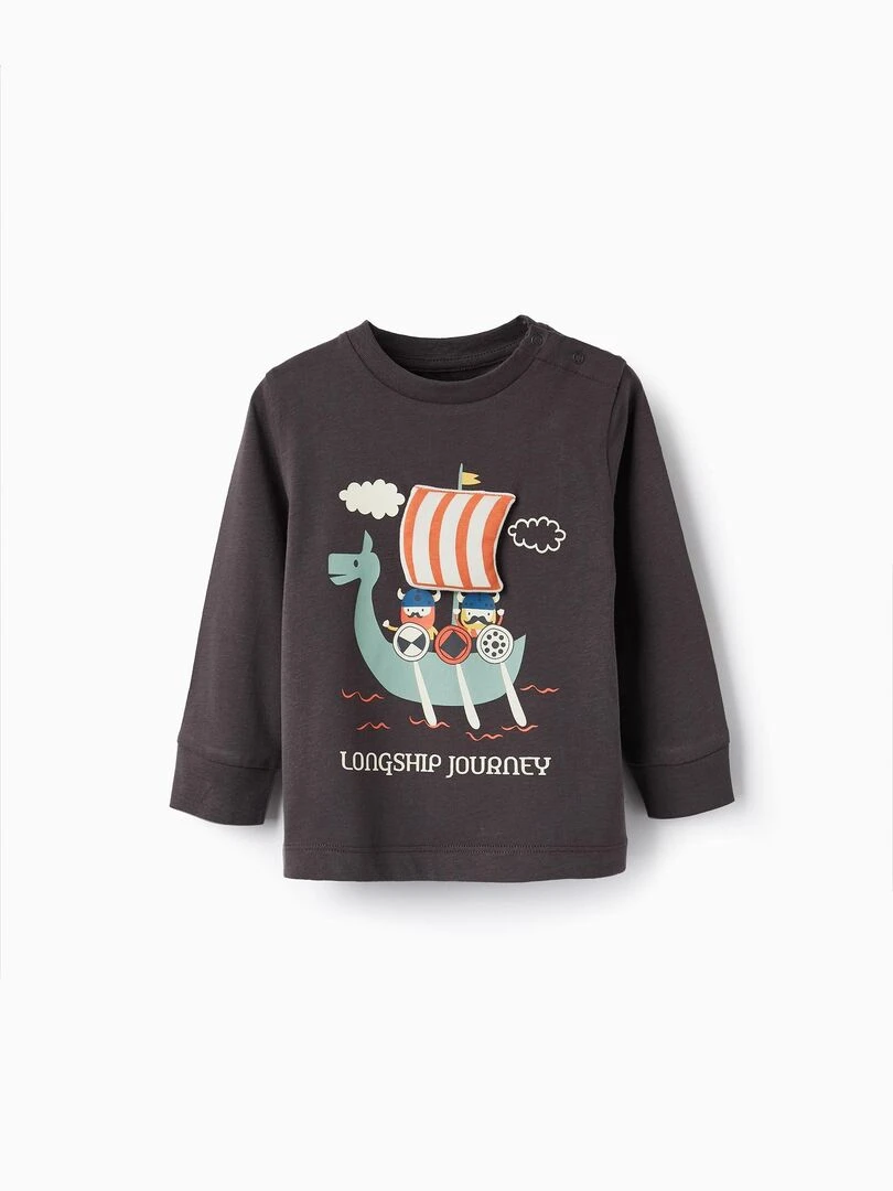 Cotton T Shirt with Boat Sail Plush for Baby Boys 'Viking' manches longues NORTHERN CALLING Gris foncé