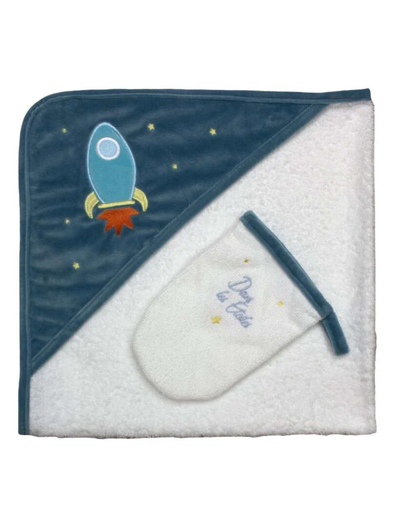 Sortie de bain + Gant "FUSEE" LES CHATOUNETS Bleu