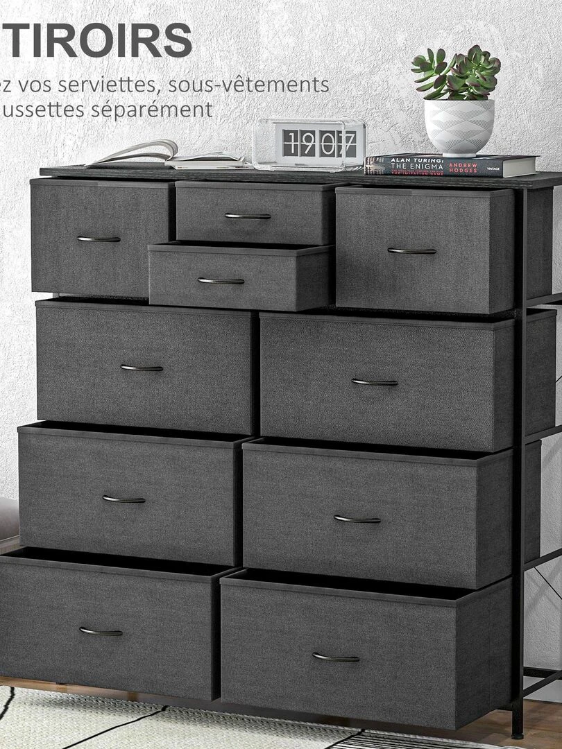 Rangement commode 10 tiroirs plateau acier MDF non tissé noir   Noir