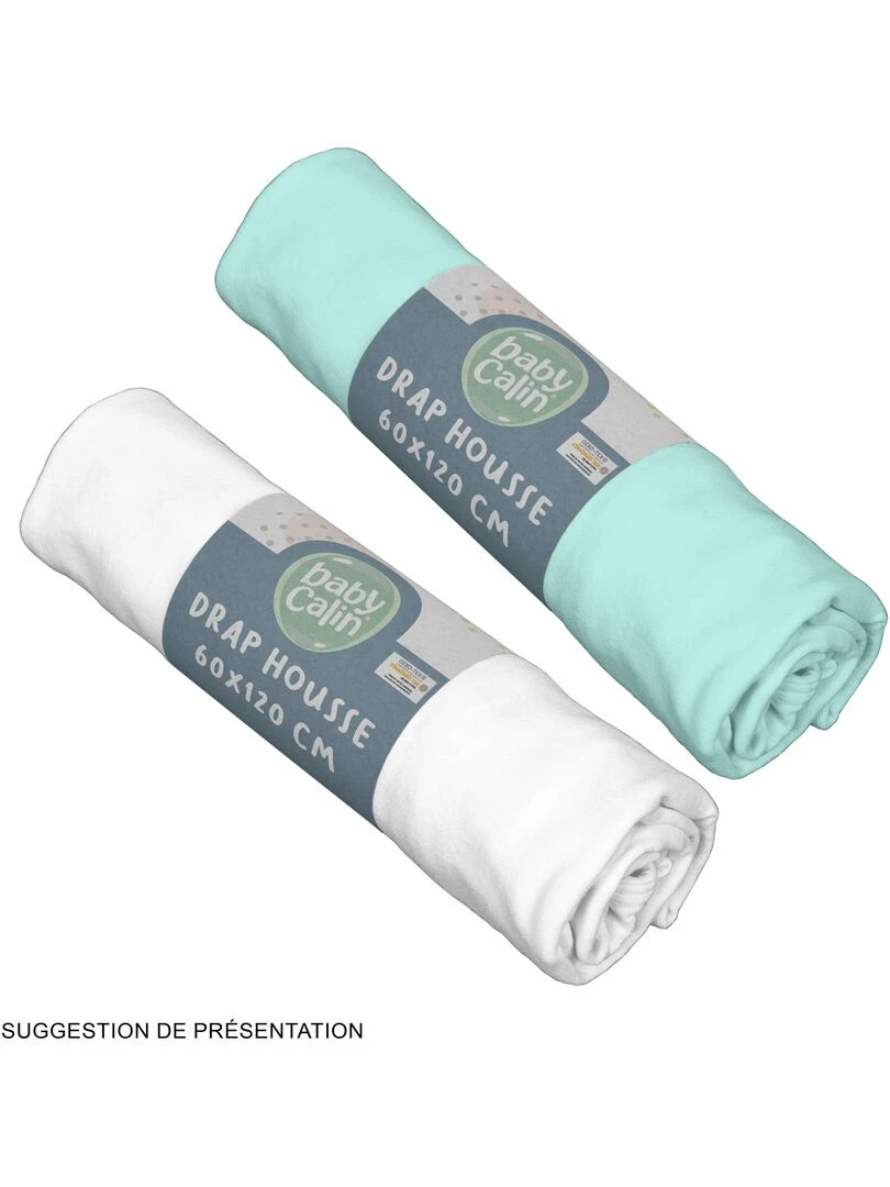 Lot de 2 draps housse en coton 60x120 cm Blanc + turquoise Blanc Bleu