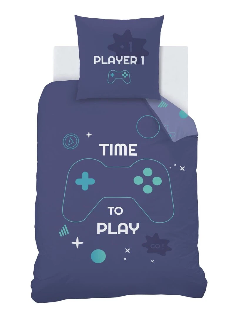 Parure de lit imprimée 100% coton  GAMER   Bleu nuit