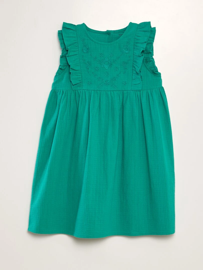 Robe en coton dobby volantée et brodée Vert