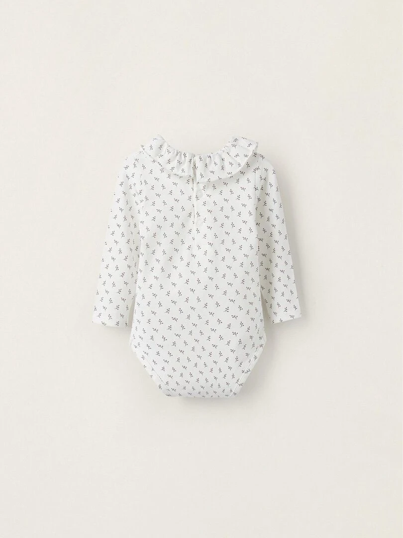 Body en jersey de coton avec volant pour nouveau né 'Floral' manches longues ATLANTIC COMPANY Blanc
