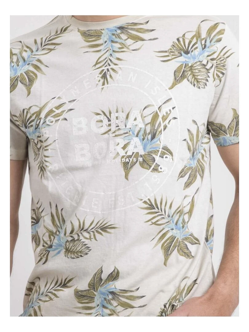 T shirt col rond pur coton motifs NULEMON   Beige