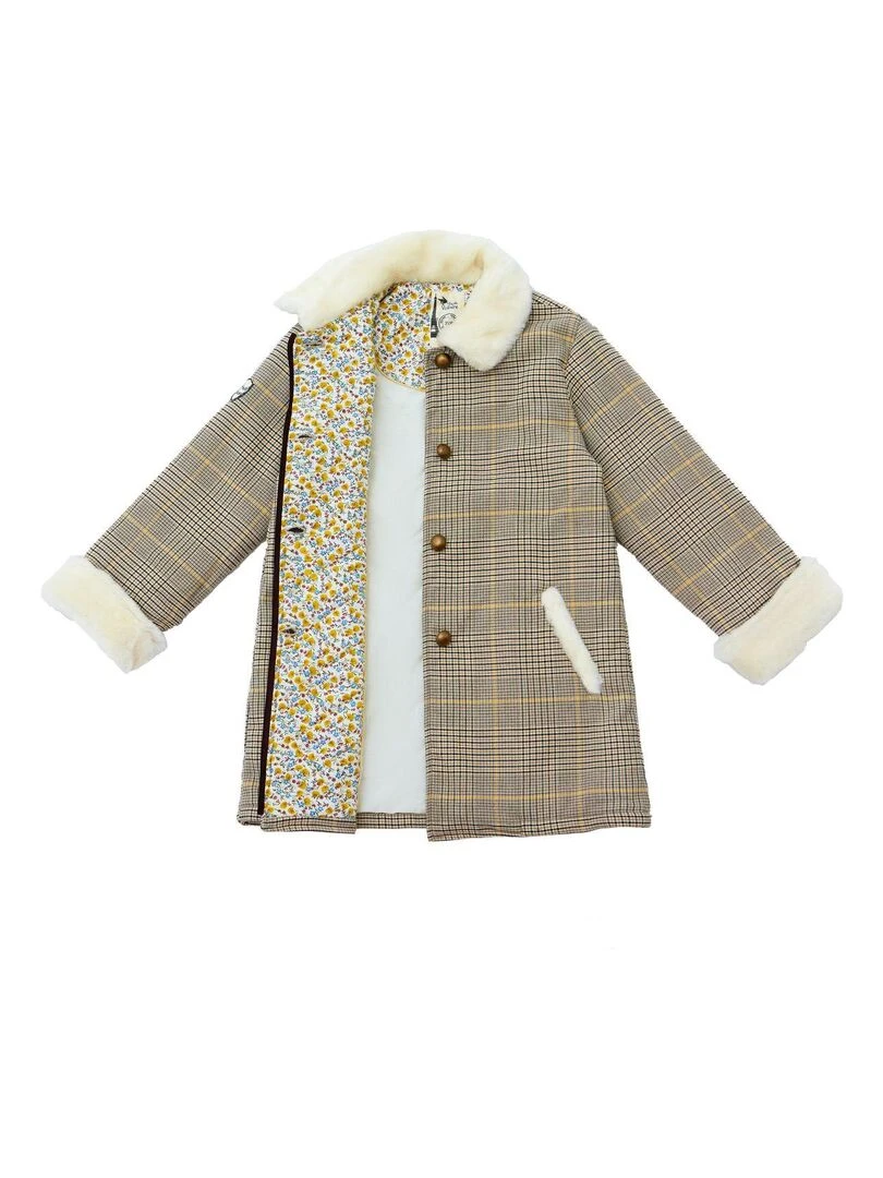 Manteau Carrx Tartan Marron Fille  Fausse Fourrure  AMANDINE   'LA FAUTE A VOLTAIRE'   Marron