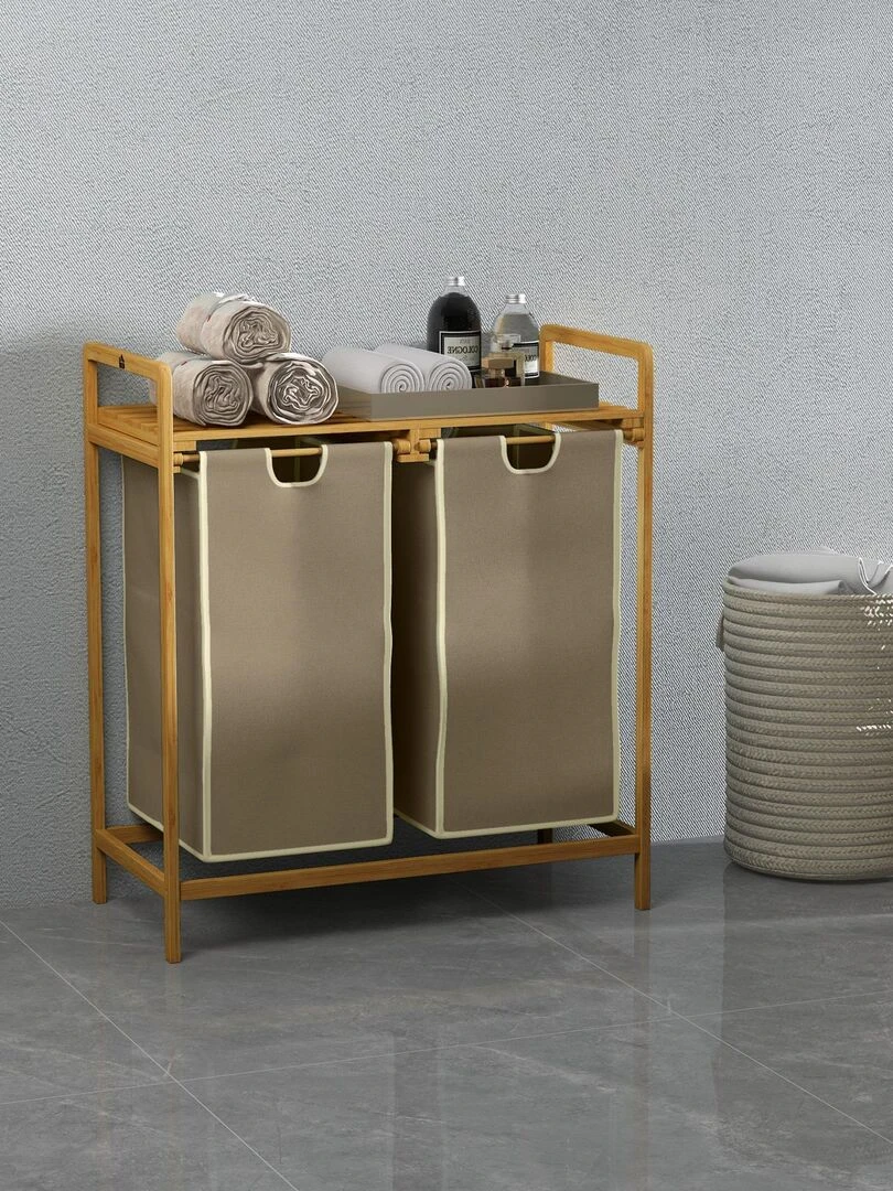 Panier à linge corbeille à linge bambou 2 paniers amovibles crème Beige/Blanc