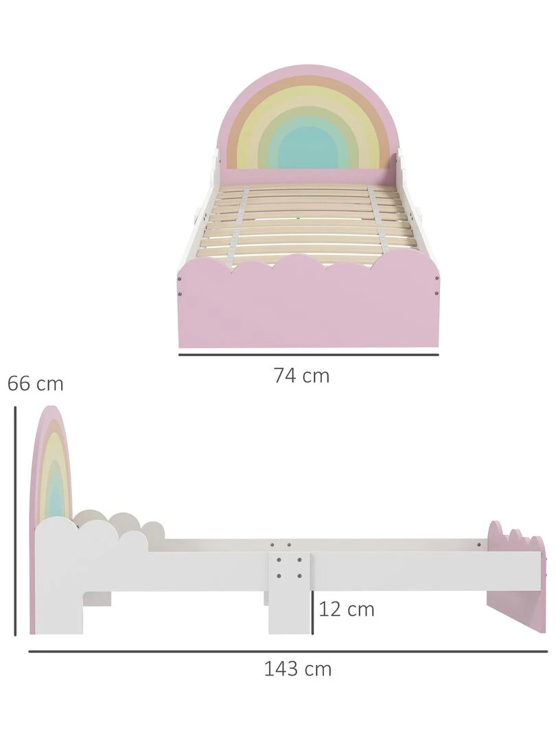 Lit enfant design girly motifs arc en ciel nuages avec sommier à lattes rose blanc   Rose