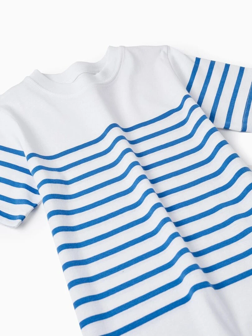 T Shirt Rayé en Coton Garçon manches courtes   Bleu